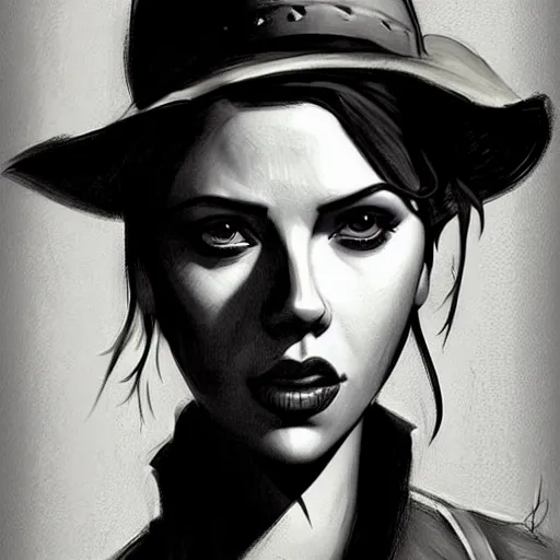 Image similar to portrait of scarlett johansson as a cowboy in wteam fortress 2 style, detailed face, dark fantasy art, fantasy, pretty, hd shot, digital portrait, beautiful, artstation, comic style, by artgerm, guy denning, jakub rozalski, magali villeneuve, neoartcore and charlie bowater