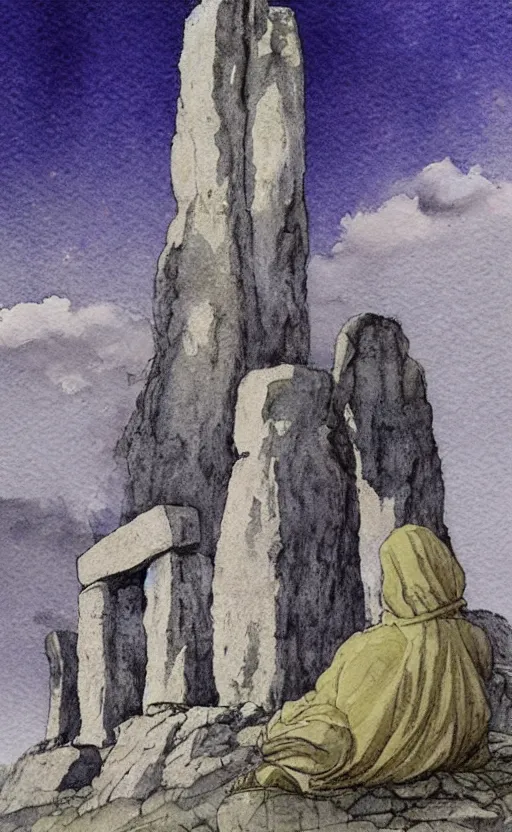 Prompt: a realistic and atmospheric watercolor fantasy concept art of giant monk with an elongated head in grey robes sitting in stonehenge. in the background a ufo is in the sky. by rebecca guay, michael kaluta, charles vess