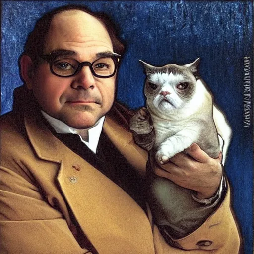 Image similar to “ portrait of george costanza from seinfeld holding grumpy cat, by alphonse mucha ”