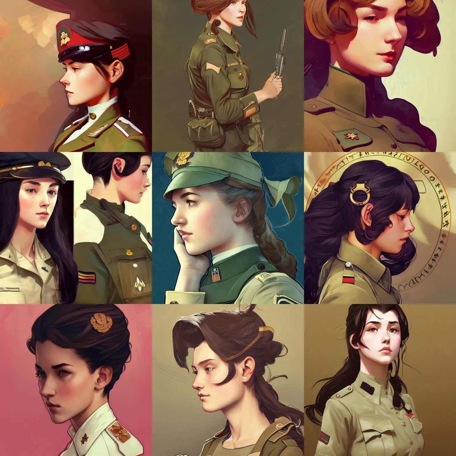 Prompt: girl wearing military uniform, hands in her hair. side-view, highly detailed, digital painting, artstation, concept art, smooth, sharp focus, illustration, art by artgerm and alphonse mucha, high definition digital art, in the style of Ross tran and ilya kuvshinov