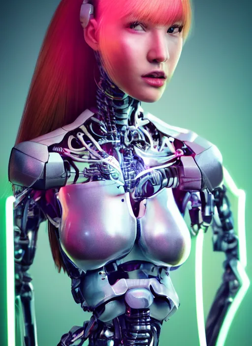 Prompt: photorealistic detailed full body picture of a female cyborg, pretty face with arms and legs, glamour pose, long hair, neon lights, humanoid, extreme, uhdr, book called the most influental cyborg in 2 0 5 0, fine details, highly detailed, intricate, smooth sharp focus, symmetrical features, environmental portrait