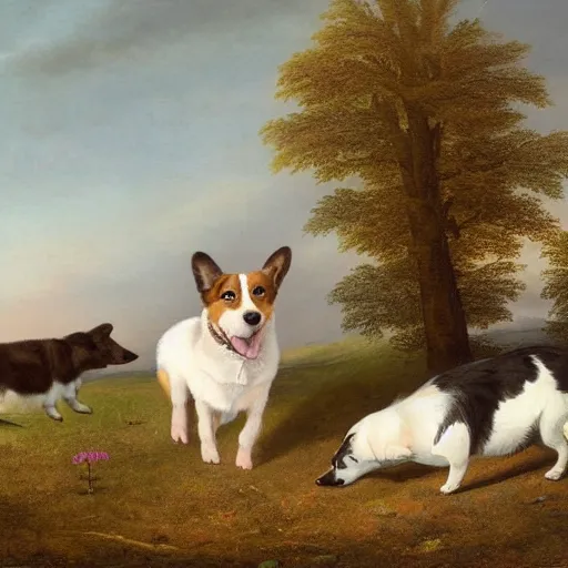 Prompt: oil painting by george stubbs of a brown and white corgi dog with a black, brown and white corgi dog in a meadow at dawn