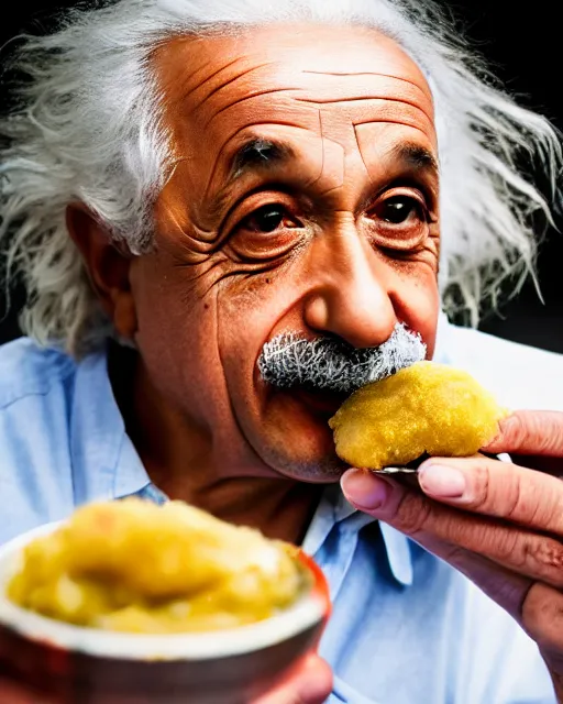 Prompt: A photo of Albert Einstein eating Pani Puri, highly detailed, trending on artstation, bokeh, 90mm, f/1.4