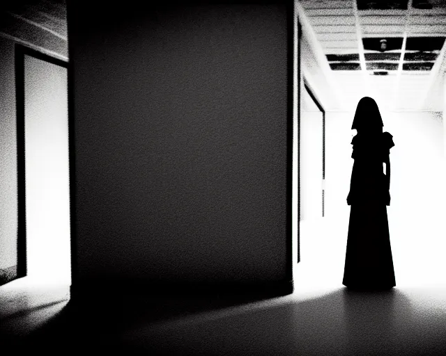 Image similar to creepy woman wearing white dress standing in the backrooms, psychological horror, the eerie forlorn atmosphere of a place that's usually bustling with people but is now abandoned and quiet, buzzing fluorescent lights above the ceiling, unsettling images, liminal space, dark