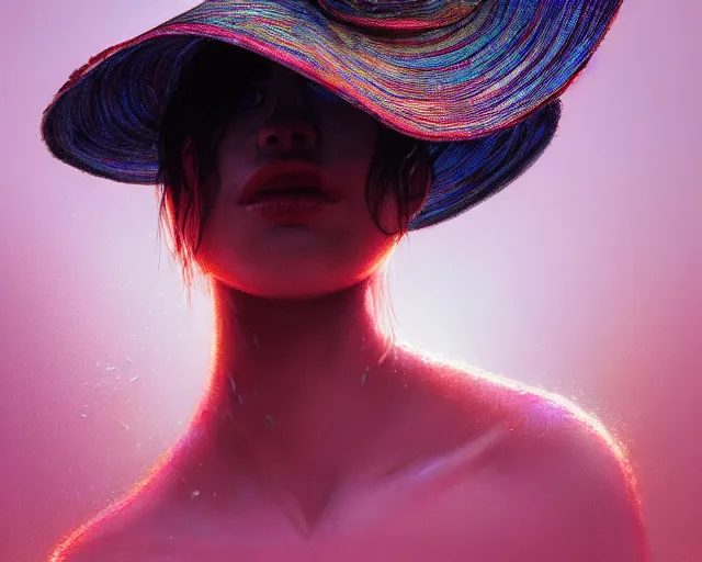 Image similar to portrait of mystic lips hidden under wide - brim hat, intricate abstract. intricate artwork, by tooth wu, wlop, beeple, dan mumford. concept art, octane render, trending on artstation, greg rutkowski very coherent symmetrical artwork. cinematic, key art, hyper realism, high detail, octane render, 8 k, iridescent accents