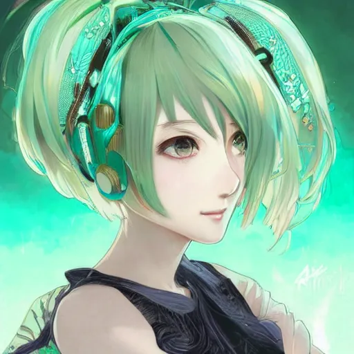 Image similar to hatsune miku short hair, anime style, hyper detailed, light green dress, illustration, digital painting, art by artgerm and greg rutkowski and alphonse mucha, high delicate defined details, anime stylized, highly detailed, realistic, sharp focus, styled by rhads