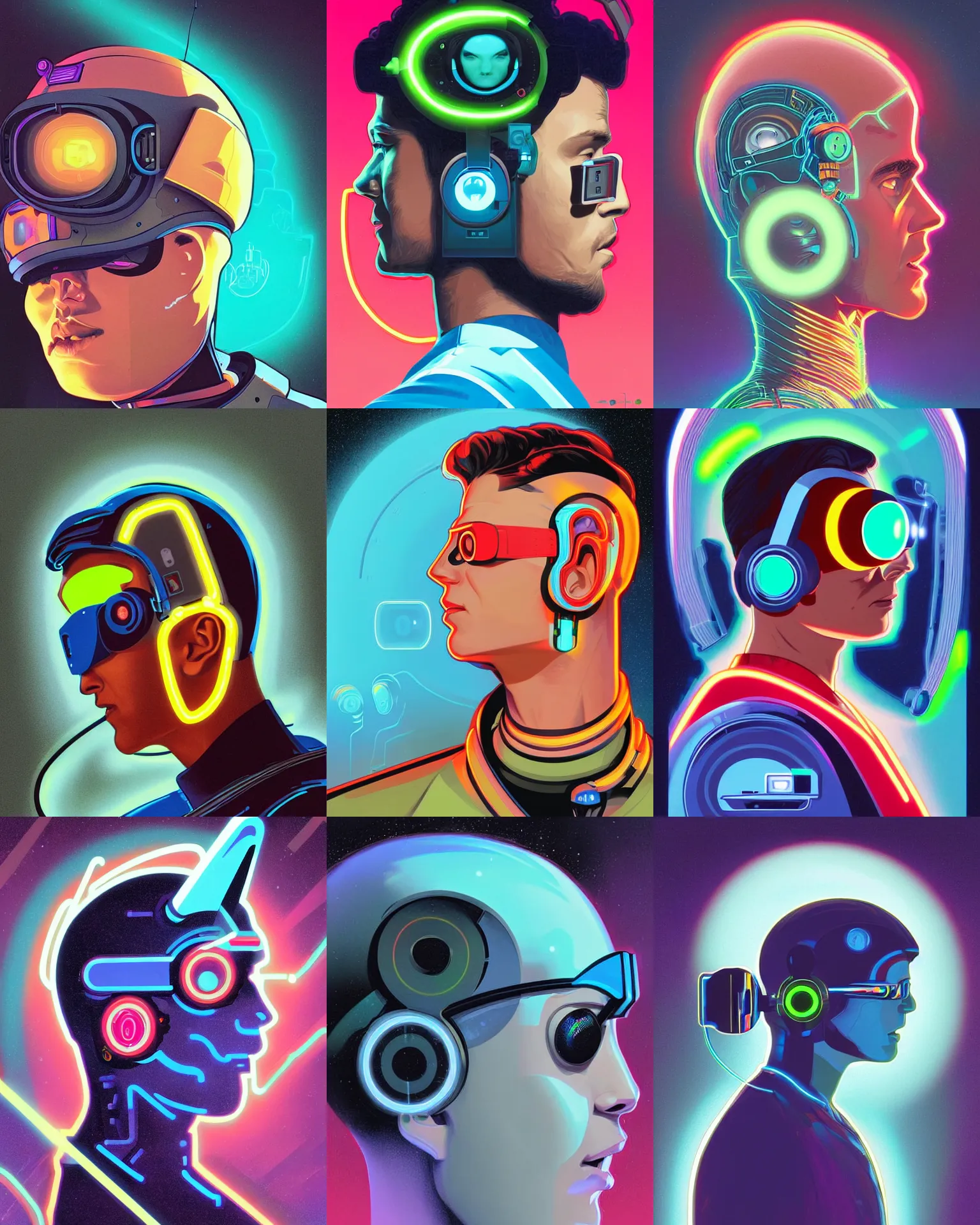 Prompt: side view future coder man, sleek cyclops display over eyes and glowing headset, neon accents, holographic colors, desaturated headshot portrait digital painting by tom whalen, alex grey, alphonse mucha, donoto giancola, dean cornwall, rhads, john berkey, astronaut cyberpunk electric lights profile
