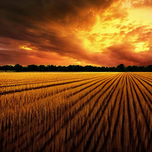 Image similar to crop field at sunset, ominous sky, professional dslr photo, computer art, concept art, insane detail, beutiful landscape, creative composition