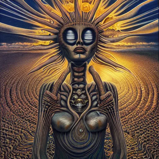 Image similar to THE QUEEN OF THE SUN by jacek yerka, alex gray, zdzisław beksiński, dariusz zawadzki, jeffrey smith and h.r. giger, oil on canvas, 8k highly professionally detailed, trending on artstation