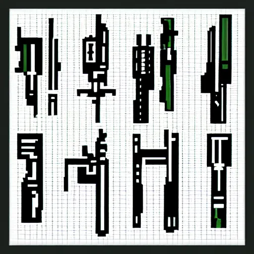 Prompt: pixel art gun icons