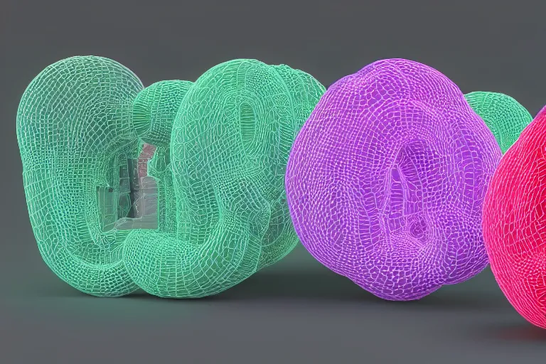 Image similar to a 3 d render of a dmt trio depicting fat rolling interleaved rolls of multicoloured plasticine forming fractal lattices enclosed by a crystalline dome. dmt, machine elves, 8 k, octane render