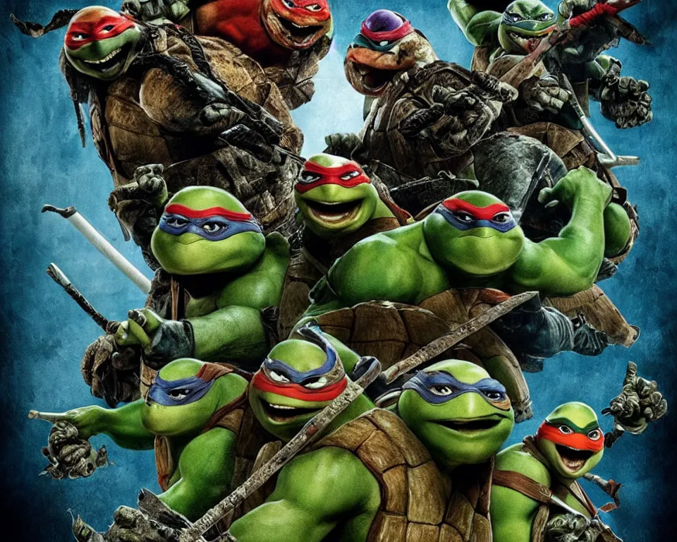 Image similar to a horror movie poster featuring teenage mutant ninja turtles