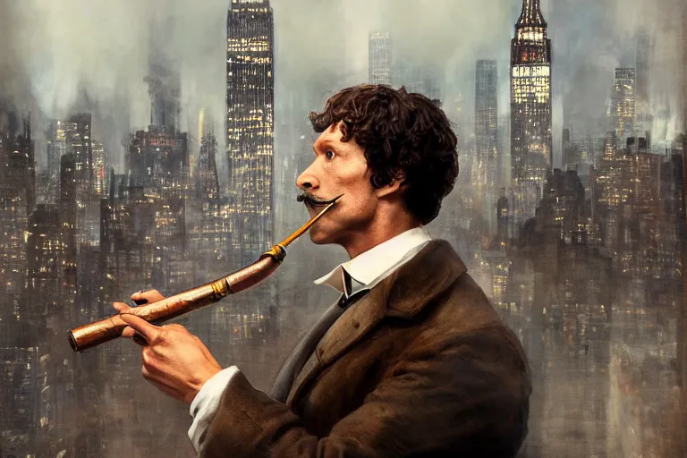 Image similar to portrait profile sherlock holmes tobacco pipe on a perch facing the city at night, smoke rising, smooth, focus, highly detailed, hyper realistic, dramatic lighting, intricate, concept art, new york skyline, looking down, movie still, art by wlop, greg rutowski, artstation