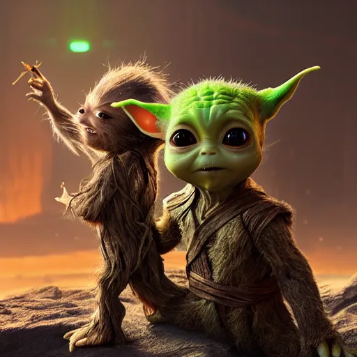 Image similar to babyyoda ( 2 0 2 1 ) and babygroot ( 2 0 1 7 ) are friends. photorealistic, digital art, epic fantasy, dramatic lighting, cinematic, extremely high detail, cinematic lighting, trending, artstation, cgsociety, 3 d ue 5, 4 k, hq