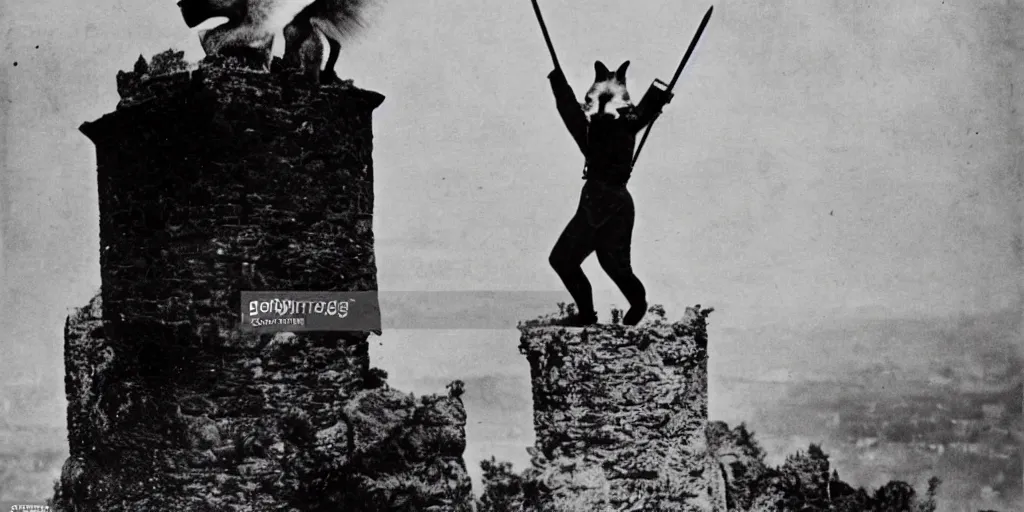 Image similar to anthropomorphic furry fox fighting villain on top of the highest point of a castle, 1 9 1 0 s film scene