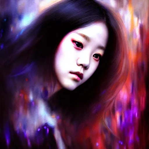 Image similar to jisoo of blackpink, hyperrealistic portrait, bladerunner street, by karol bak and agnes cecile, fantasy art, photo realistic, dynamic lighting, artstation, poster, volumetric lighting, very detailed face, intricate complexity, rule of thirds, 8 k, award winning