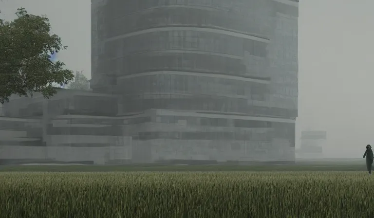 Prompt: A serene landscape with a singular building in the style of the Matrix movie still frame