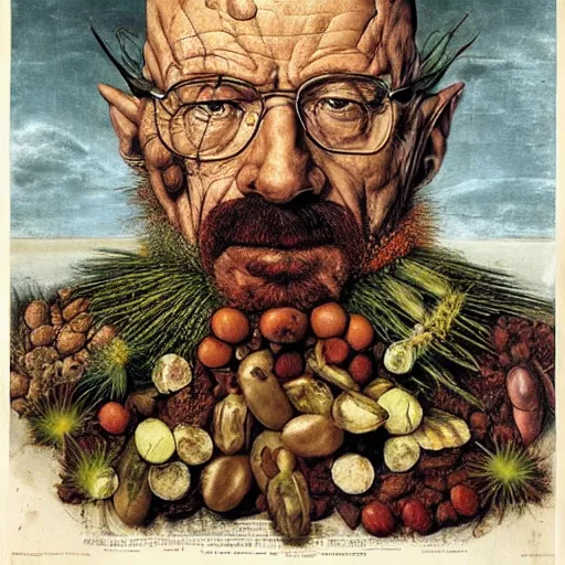 Image similar to giuseppe arcimboldo, walter white, new scifi movie, film still, seeds, legumes