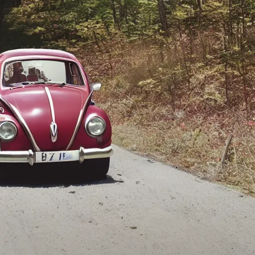 Image similar to promotional scifi - mystery movie scene of a ( volkswagen beatle ) and ladybug hybrid that's more ladybug. racing down a dusty back - road in smokey mountains tennessee. cinematic, 4 k, imax, 7 0 mm, teal autochrome, hdr