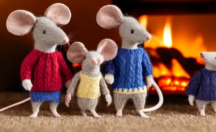 Prompt: a mouse family sitting in front of a fireplace wearing woolen sweater