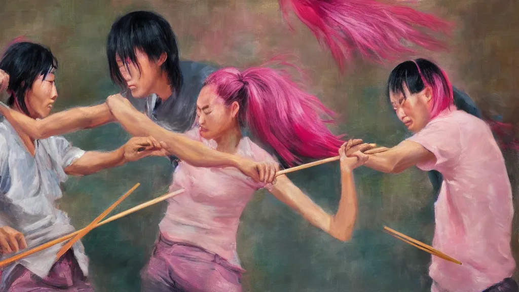 Image similar to asian person with chopsticks fighting a turkish person with pink hair, cinematic, 4 k, oil painting