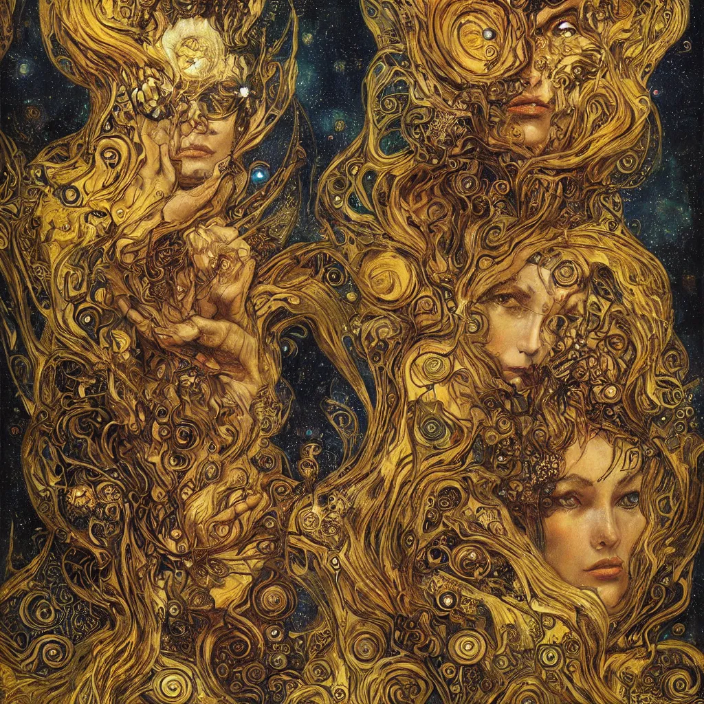 Image similar to Divine Chaos Engine by Karol Bak, Jean Deville, Gustav Klimt, and Vincent Van Gogh, beautiful visionary mystical portrait, sacred, otherworldly, fractal structures, Surreality, ornate gilded medieval icon, third eye, spirals, horizontal symmetry