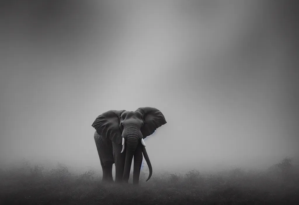 Prompt: an elephant, his trunk is a long tentacle, in a jungle with ominous light from above, ambient light, fog, river, symmetrical, poetic