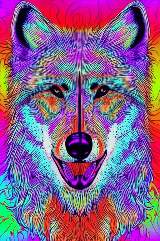 Image similar to Psychotic crisis portrait of a wolf head. psychedelic colors, very detailed, lineart