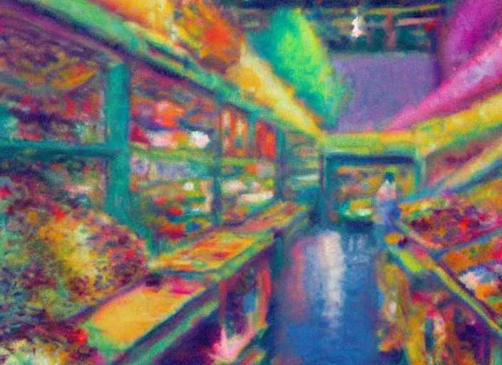 Prompt: clean impasto expressionist bright cheery placid pastel deep cozy moody cluttered painterly fluffy tiny cramped live pet store, aisles of aquariums, slanted ceiling, tiny space, particulate, trending on pixiv