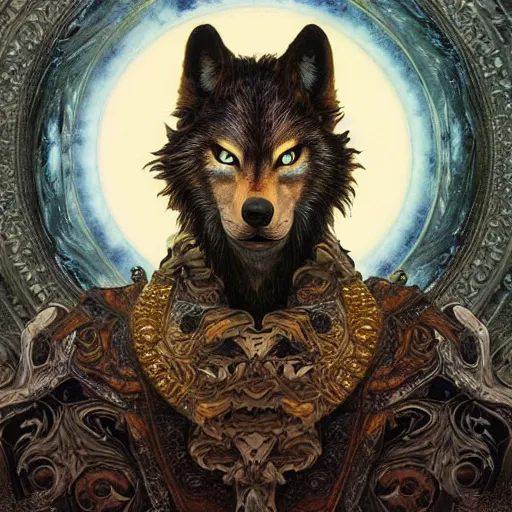 Image similar to portrait of werewolf made with porcelain by Jeff Easley and Peter Elson + beautiful eyes, beautiful face + symmetry face + border and embellishments inspiried by alphonse mucha, fractals in the background, galaxy + baroque, gothic, surreal + highly detailed, intricate complexity, epic composition, magical atmosphere + masterpiece, award winning + trending on artstation