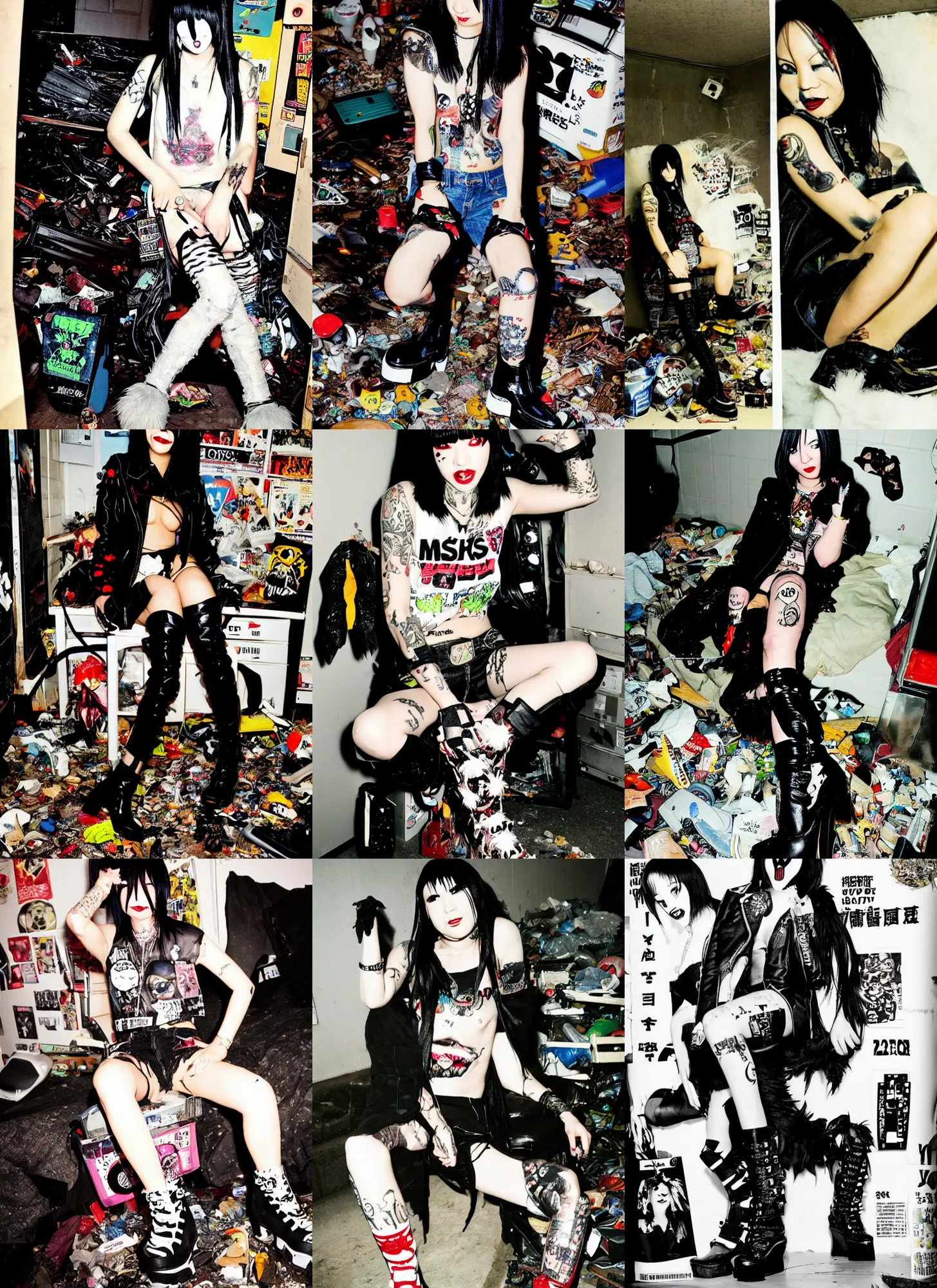 Prompt: photo of Nana Osaki wearing ripped up dirty Swear kiss monster teeth yeti platform boots in the style of Ryan Trecartin in the style of 1990's FRUiTS magazine 20471120 in japan in a dirty dark dark dark poorly lit bedroom full of trash and garbage server racks and cables everywhere in the style of Juergen Teller in the style of Shoichi Aoki, japanese street fashion, KEROUAC magazine, Walter Van Beirendonck W&LT 1990's, Vivienne Westwood, y2K aesthetic