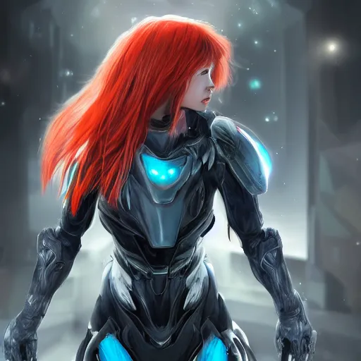 Image similar to red haired girl, warframe armor, beautiful, dreamy, pretty face, blue eyes, portrait, bright light, scifi, utopian architecture in the background, laboratory, 4 k, high definition, ultra realistic, aura of light, cinematic, extreme details, focused, masterpiece, art by akihito tsukushi, akasuki brightmind