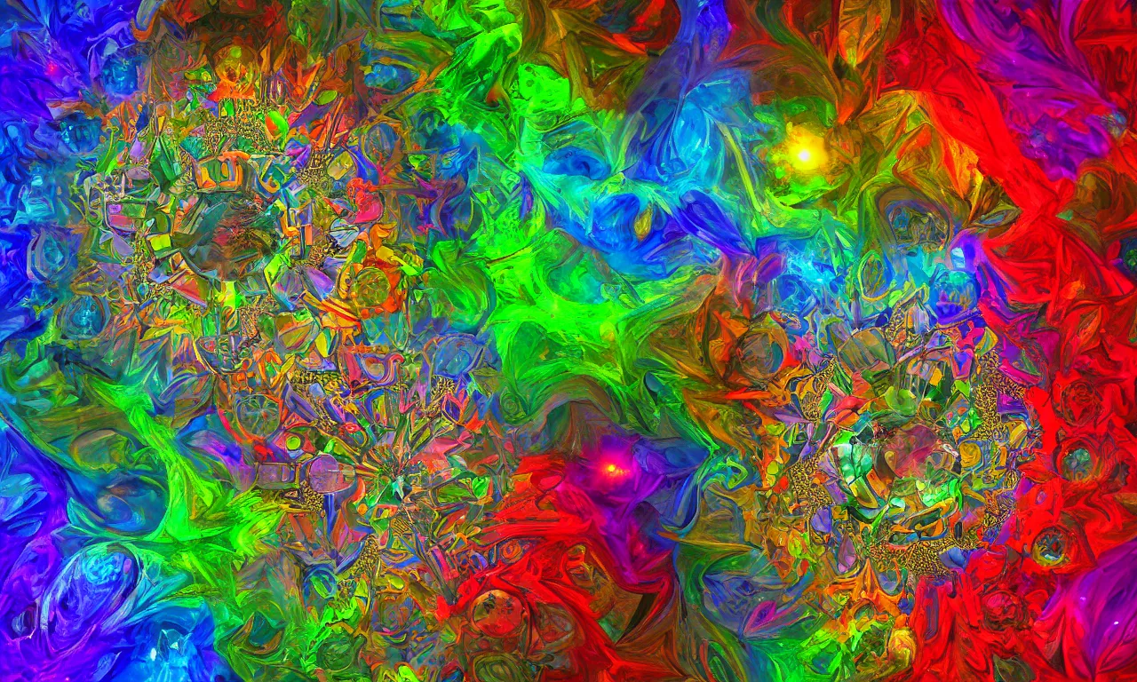 Image similar to acrylics blob voronoi engine laboratory 3 d volume kaleidoscope mandala fractal chakra digital multicolor stylized concept substance liquid nebula stone, a spectacular view cinematic rays of sunlight comic book illustration, by john kirby radiating a glowing aura global illumination ray tracing hdr depth fog overlay multiply photoshop layer