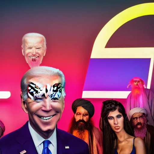 Prompt: 4 k portrait sony a 7 f 2. 8 of a gigantic president joe biden as a taliban leader surrounded by dancing instagram models with neon lighting and moody cloudy skies