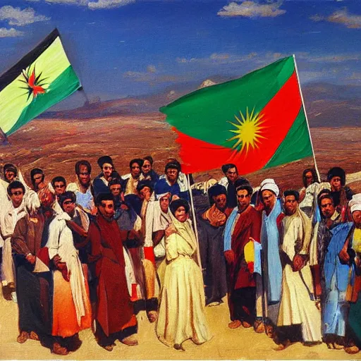 Image similar to a painting of a group of kurdish people establishingthe republic of mahabad! standing in front of a kurdish flag, an oil painting by ilya ostroukhov, featured on deviantart, socialist realism, ilya kuvshinov, movie still, oil on canvas