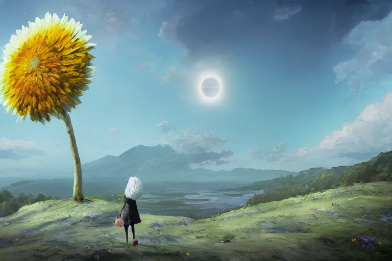 Image similar to giant white daisy flower head, girl walking on cliff, surreal photography, solar eclipse, milky way, dramatic light, impressionist painting, clouds, digital painting, artstation, simon stalenhag