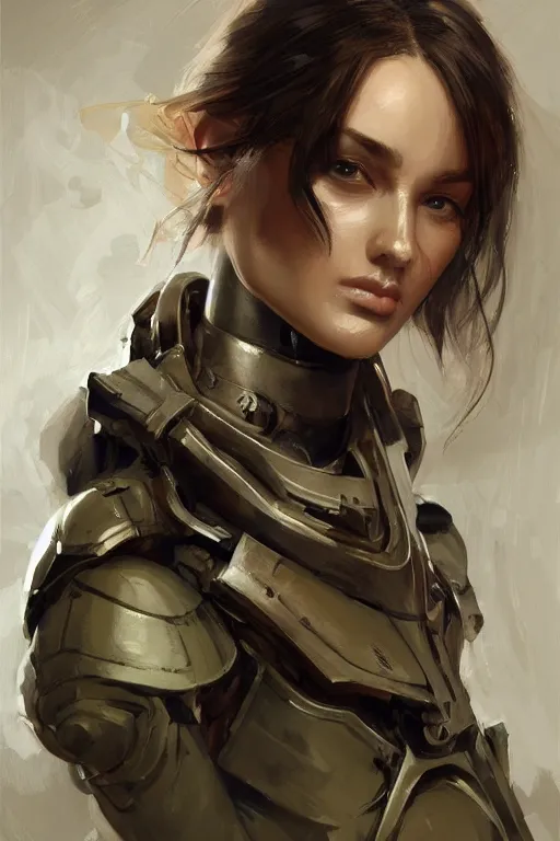 Image similar to a professionally painted portrait of an attractive young woman, clothed in military armor, olive skin, long dark hair, beautiful bone structure, symmetrical facial features, intricate, elegant, digital painting, trending on Artstation, concept art, smooth, sharp focus, illustration, from Metal Gear by Ruan Jia and Mandy Jurgens and Artgerm and William-Adolphe Bouguerea, award winning