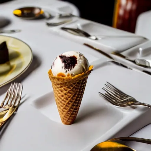 Image similar to photograph of a formal presentation of an ice cream cone on a plate with grotesque silverware in a fancy avant-garde restaurant