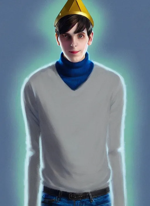 Image similar to portrait of teenage jughead jones wearing a light grey crown, crown, light grey crown, blue turtleneck, 1 9 5 0 s, closed eyes, intricate, elegant, glowing lights, highly detailed, digital painting, artstation, concept art, smooth, sharp focus, illustration, art by wlop, mars ravelo and greg rutkowski