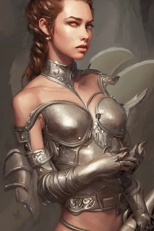 Image similar to three-quarters portrait pose of a beautiful woman, slim body, shining armor, human warrior, fantasy, intricate, elegant, highly detailed, digital painting, artstation, concept art, matte, sharp focus,D&D, illustration, art by Stanley Lau