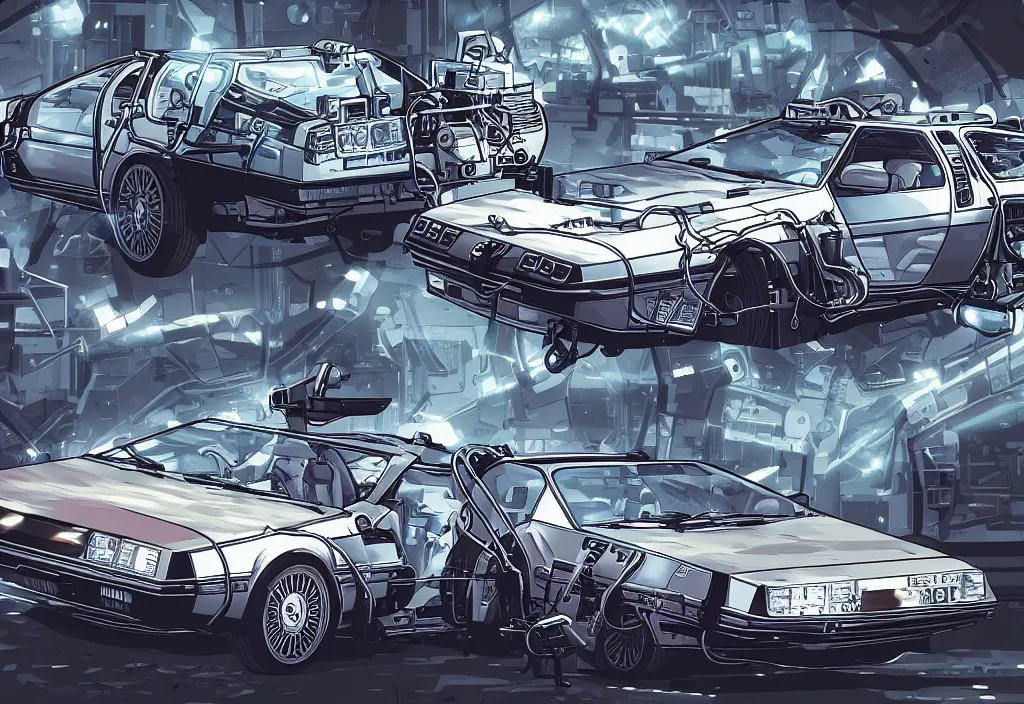 Prompt: An anime art of two delorean, digital art, 8k resolution, anime style, high detail, lowrider style, wide angle