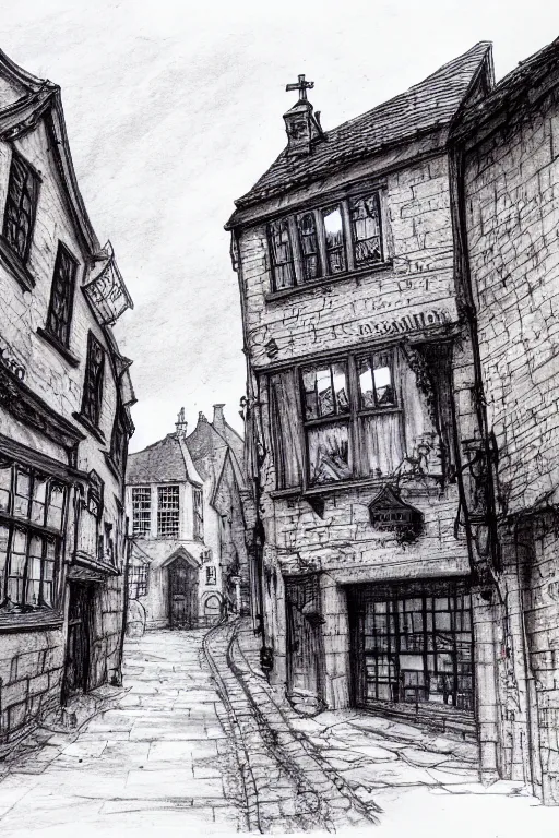 Image similar to a beautiful pen and wash sketch of the shambles and little shambles york, 8 k, frostbite 3 engine, cryengine, dof, trending on artstation, digital art, crepuscular ray,