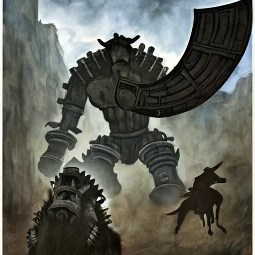 Prompt: shadow of the colossus secene, el guernica painting style,