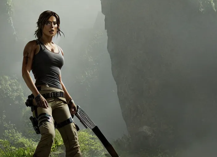 Image similar to film still of!!!! chloe bennett!!! as lara croft in new tomb raider movie, 8 k