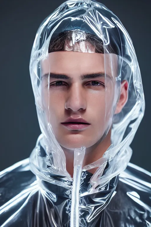 Image similar to an ultra high definition professional high fashion portrait studio full length photograph of a male model wearing a transparent pearlescent raincoat and neon visor in an icelandic black rock environment at dawn. no artefacts. extremely detailed. stark. refraction. shallow depth of field. volumetric light and shadow. ray tracing. light rays.