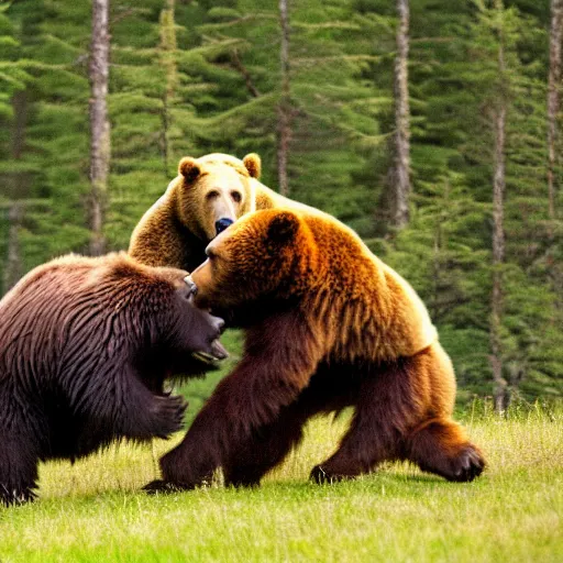 Image similar to kodiak bears kung - fu fighting in a forest clearing, twilight,