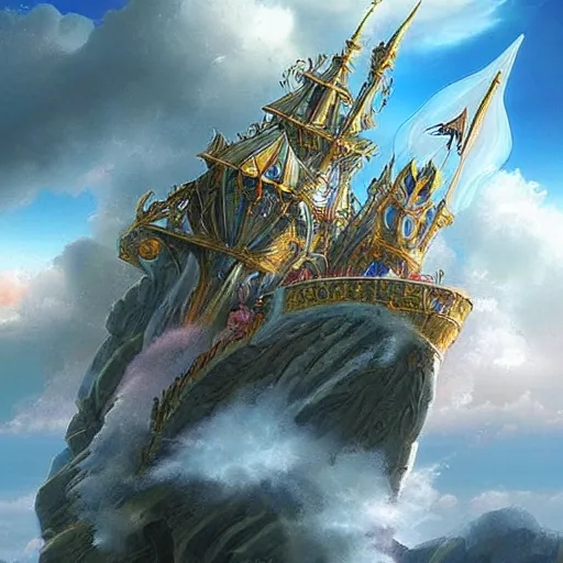 Prompt: fantasy crystal magic skyship flying over dramatic landscape, highly detailed, beautiful