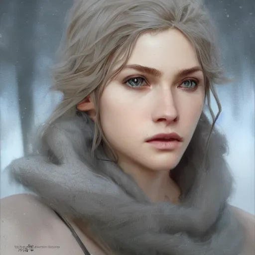 Image similar to winds of winter, au naturel, grey eyes, hyper detailed, digital art, trending in artstation, cinematic lighting, elegant, beautiful, studio quality, smooth render, unreal engine 5 rendered, octane rendered, concept art, smooth, sharp focus, illustration, art by greg rutkowski and alphonse mucha and ian sprigger and krenz cushart