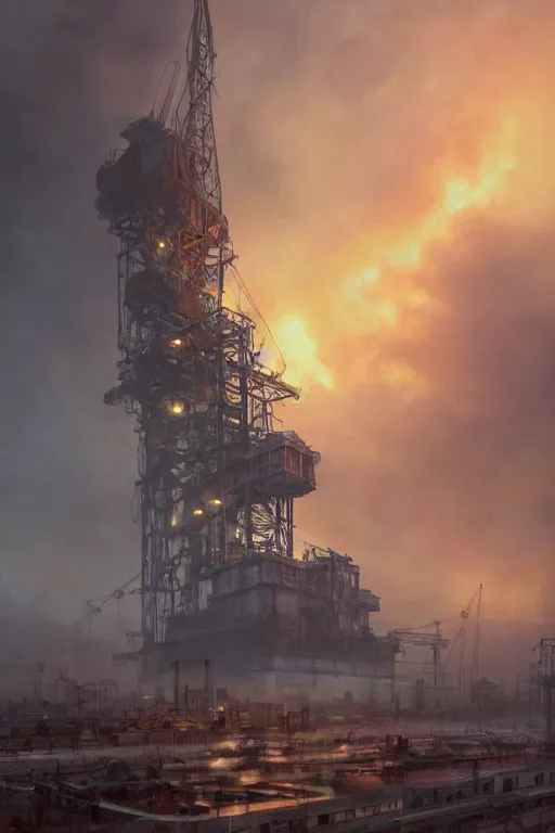 Image similar to a highly detailed matte painting of a soviet steampunk oil rig on fire in fog at night by studio ghibli, makoto shinkai, by artgerm, by wlop, by greg rutkowski, volumetric lighting, octane render, 4 k resolution, trending on artstation, masterpiece