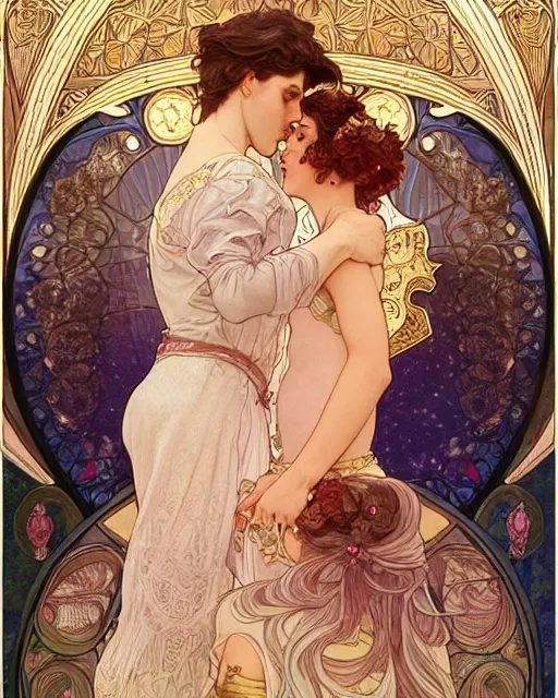 Prompt: the kiss | highly detailed | very intricate | art nouveau | gold filigree | romantic storybook fantasy | soft cinematic lighting | award - winning | disney watercolor illustration by mandy jurgens and alphonse mucha and alena aenami | pastel color palette | featured on artstation